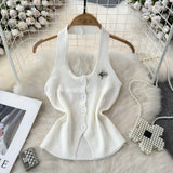 Design Feeling Hanging Neck Dew Single Buckle Slim Thin Knit Vest Women Wear Gas Bottom