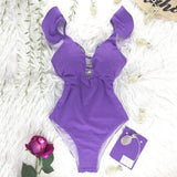 New Print Swimwear Deep V-Neck Ruffle Swimsuit Push Up One Piece Swimsuit Beach Wear Backless
