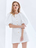 White Elastic Waist Jumpsuit For Women Round Neck Puff Sleeve Rise Waist Casual Jumpsuits Female Fashion New