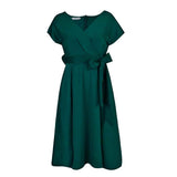 V-Neck Solid Color Waist Bow Tie With Large Swing Dress Dress Dress Dress Dress