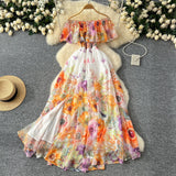 Holiday Style Shoulder Lotus Leaf Side To Receive Waist Temperament Long Swing Print Chiffon