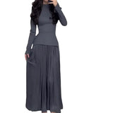 2025 New Solid Color Dress Fashion Fake Two Long-Sleeved Dress