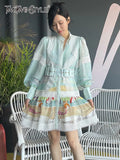 TWOTWINSTYLE Casual Print Colorblock Dress For Women Stand Collar Lantern Long Sleeve High Waist Mini Dresses Female Spring