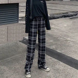 Women Plaid Pants Loose Wide Leg Trousers Korean Style Oversize Retro Teen Straight Trousers Female Long Pants