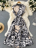 Striped Print Women Summer Dress 2022 Zipper High Neck Sashes Tiger Fashion Ladies A Line Elegant Loose Long