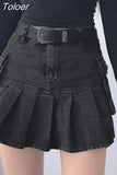 Punk Black Denim Mini Skirt Pleated Women Sexy Grunge High Waisted Pocket Patchwork A-line Jean Skirt E Girl