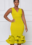 Sexy V-neck Sleeveless Solid Ruffles Layered Midi