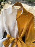 Vintage White Striped Patchwork Irregular Ruffle Blouse Women Spring Autumn Elegant Turn-Down Collar Tops Female Casual