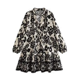Single-Dlong Short Dress 2025 Spring/Summer V-Neck Print Long-Sleeved Loose