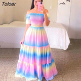 Women's Rainbow Long Dress Fashion Sexy Off Shoulder A-line Printed Maxi Dresses Boho Retro Party Evening Vestidos