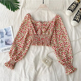 Wooden Ear Print Blouse Holiday Beach Style Slim Fit Pleat Blusas Square Collar Off Shoulder Chiffon Shirt
