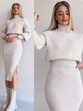Elegant Knitted Dress 2 Pieces Set Long Sleeve Cropped Sweater And Slit Dress Suits Female Sexy Soft Pullover