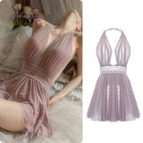 Beautiful Back Lace Gauze Sleeping Dress Temptation White Sexy Mesh Hanging Neck Fairy Backless Tulle Perspective