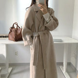 Long Sleeve Casual Vintage Belt 2021 New Fashion Long Autumn Faux Wool Blend Woolen Coat Winter Warm Women Warm Wool