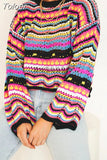 2023 New Fashion Vintage Urban Casual Hollow Out Rainbow Stripes O-Neck Long Sleeve Loose Pullover Sweater For