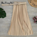 Women Pleated Midi Skirt High Waist Belt Korean Plus Size Spring Summer 2020 Casual Elegant Skirts Ladies Fashion