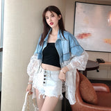 New Summer Fashion Stitching Lace Embroidery Large Size Denim Jacket Women's Coat Loose Perspective Tops Denim