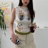 Korean Fashion Hollow Out Tank Tops Grunge Hole Knitted Vest Patchwork Sleeveless Crop Tops Gothic See Through Tops