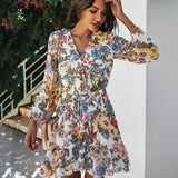 Dress Black Vintage Ladies A Line Fashion Flroal Print Ruffle Clothes For Women Retro Dresses New Arrival 2021