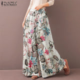 ZANZEA 2022 Kaftan Printed Pants Women's Wide Leg Trousers Elastic Waist Long Pantalon Palazzo Casual Floral