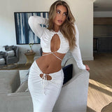 Spring Fall Sexy Bandage Maxi Skirt Suit Long Sleeves Hollow Out Top And Skirts Sets For WomenS Party Bodycon