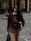 New Women's Bear Embroidered Retro Body Sweater College Style Knitted Shirt