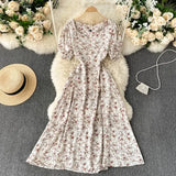 Boho Women Floral Printed dress V neck Puff-Sleeve dresses summer Ruffles beach midi