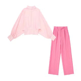 2022 Spring Women 2 Pieces Set Chiffon Blouse Long Sleeve Tops O Neck Shirts High Waist Trousers Loose Wide Leg