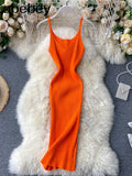 Summer Knitting Dress Women Solid Color Casual Body-con Dress Pullovers Simple Step