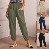 Four-Season Cotton Nine-Point Trousers Loose Waist Slacks Slant Pocket Trousers