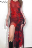 Red Print Mesh Sheer Asymmetric Dress Sexy Frill High Split Strapless Long Dresses for Women Club Outfit 2023
