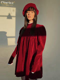 Winter Loose Black Velvet Women'S Dresses 2023 Fashion Stand Collar Long Sleeve Mini Dress Elegant Classic Female
