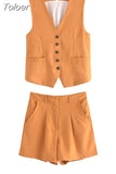 MODA 2023 Summer Women 2 Piece Sets Vintage Single Breasted V Neck Waistcoat Vest + Slim Zipper Fly Shorts Female Chic