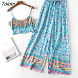 Boho Vintage Pattern Print Women 2 Piece Set Spring 2023 Midriff Baring Wide Leg Pant Retro Chic Beach Vacation Women