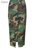 Fashion Women's Denim Skirt Elastic Waist Split Burr Camouflage Pocket Button Long Skirts Female Spring 2023 New