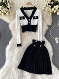 Korean Style Panelled Knitted Two Pieces Suits V Neck Mini Knitwear Tops+High Waist Pleasted Short Skirts Female