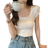 Toloer Color Casual Versatile Short-Sleeved T-Shirt Women With A Bottom Shirt 2024 Summer Slim U-Collar Student Jacket Ins