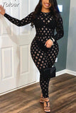 Black Hollow Out One Piece Overalls for Woman Round Neck Long Sleeve Fitness Jumpsuit High Street See Through Body