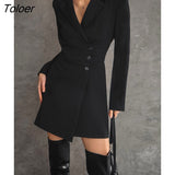 Black Office Notched Collar Dress For Women Elegant High Waist Short Dress Spring Streetwear Solid Long Sleeve Dresses