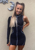 Print Lines Single Sleeve Turtleneck Bodycon