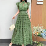 Niche Elegant Dress Women's High-End Lace Short Sleeves To Show Thin Multi-Layer Pongeist Long