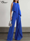 Summer Asymmetrical Jumpsuits O-neck Fashion Sleeveless Women Wide Leg Pant Overalls Ruffles Holiday Casual Long