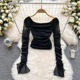 Sexy Mesh Short Blouse Women Brown/White/Blue Square Collar Long Sleeve Draped Slim Shirt Female Party Tops New Fashion