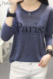 Fashion 2023 Spring Shinny T Shirt Women Paris Letter Printed Casual O Neck Long Sleeve Harajuku Shirts Female