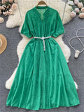 Fashion Embroidery Midi Long Dress Lapel V Neck Pearl Belt Ruff Sleeve Ladies Elastic Waist Sweet Beach Summer