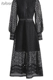 Embroidery Dresses For Women Round Neck Lantern Sleeve High Waist Folds Vinage A Line Dress Female Autumn Fashion