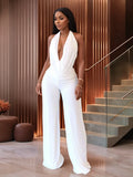 Hanging Neck Deep V Blouse Temperament Fashion Pure White Broad Leg Pants Two-Piece