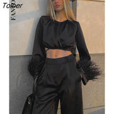 Autumn Women Tracksuits Two Piece Set Round Collar Feather Crop Top Casual Pleated Wide Leg Pants Suit Sexy Sport