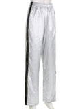 Y2k Silver Sweatpants Women Korean Streetwear Loose Vintage Side Stripe Elastic Waist Track Pants Summer Casual