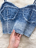 Women Summer Sexy Denim Set Strapless Sling Zipper Design Crop Top + Short Button Mini Shorts Skirt Jeans Two Piece